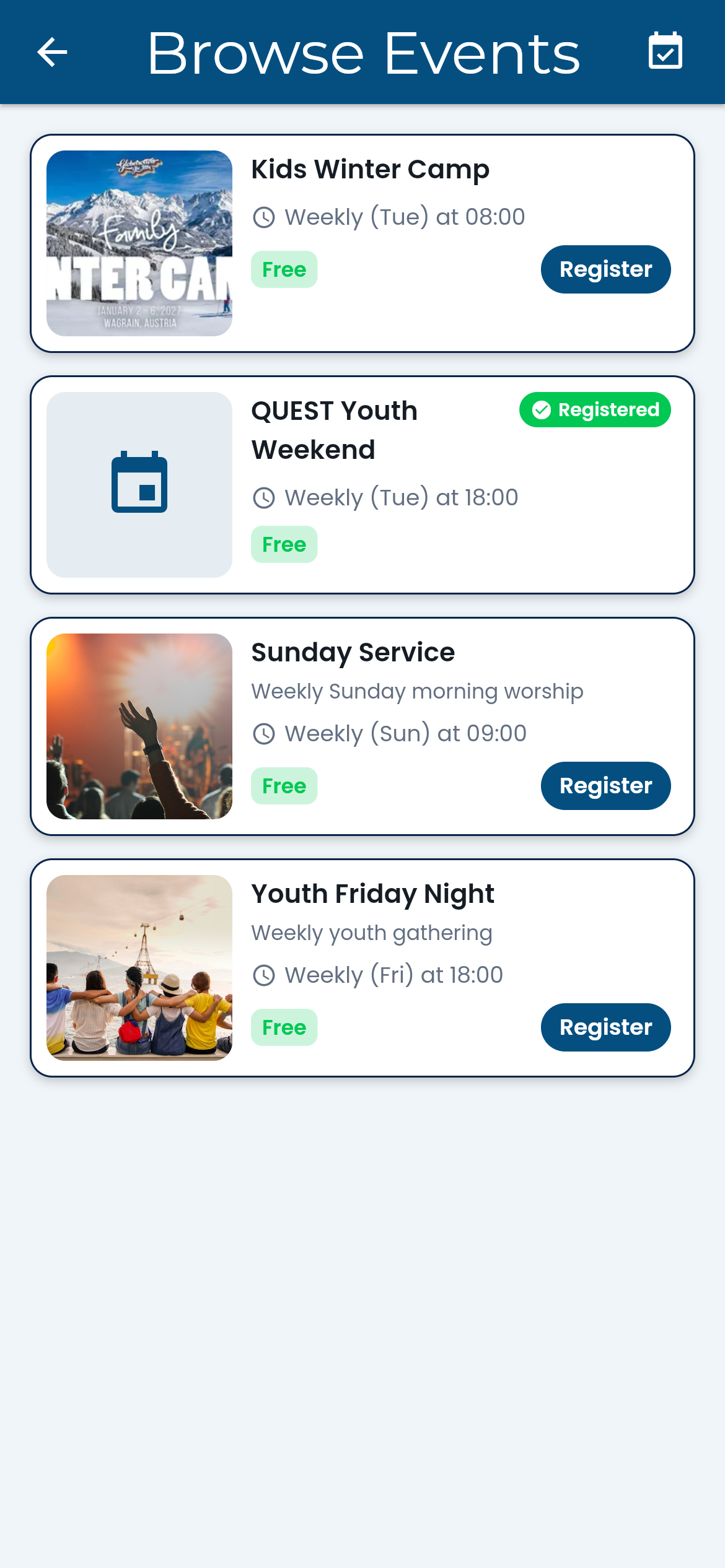 Browsing the church's events on a phone, each with its own photograph and a Register button