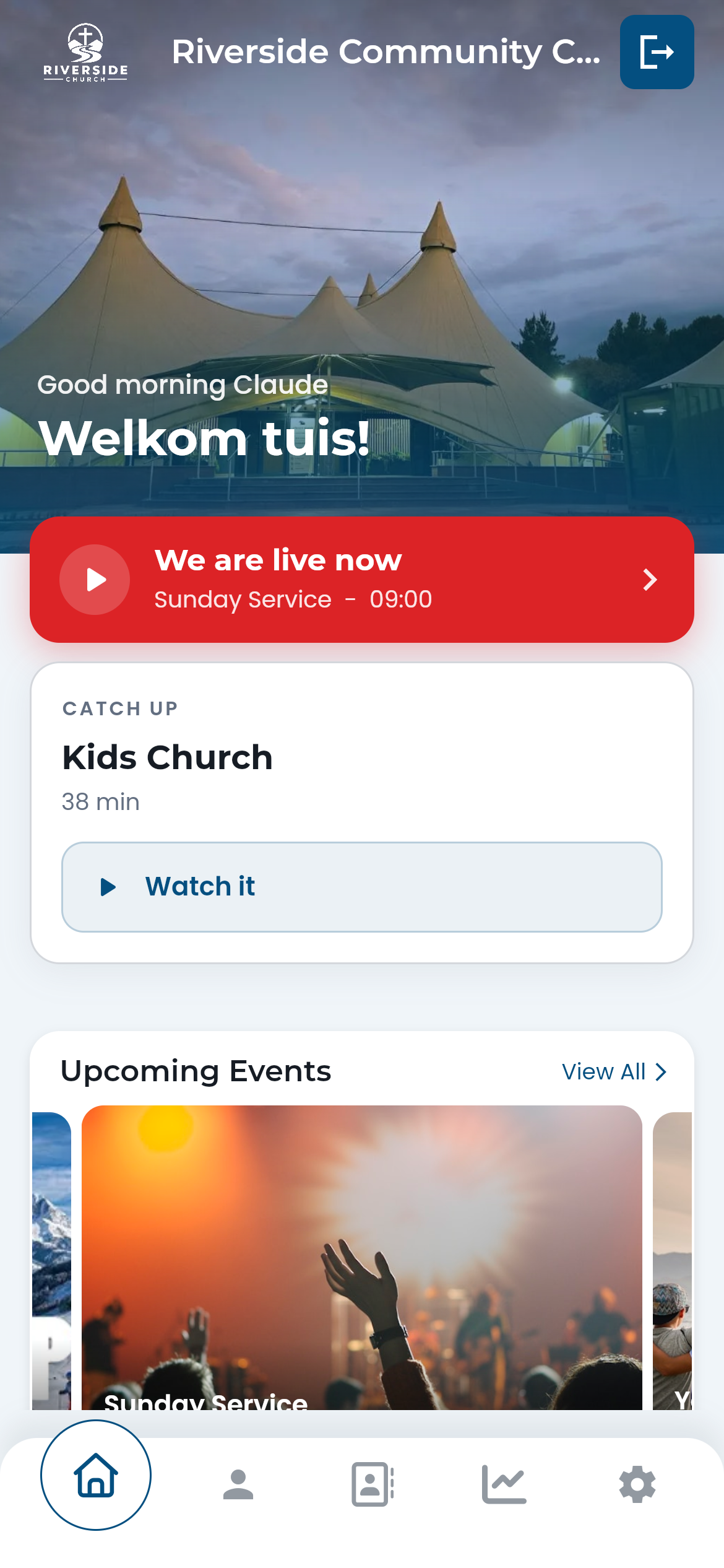 The BizTrack Church home screen on a phone: the church's own photograph, a live-now bar, and a card to catch up on a missed service